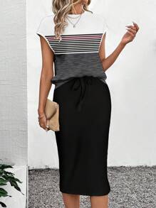 SHEIN LUNE 2 件女士条纹撞色印花 A 字裙套装，适合春夏季