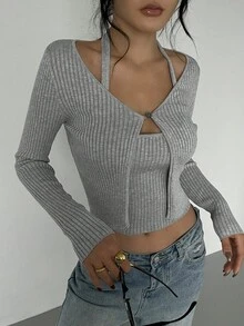 DAZY 2件套女士开衫和挂脖针织上衣套装秋季 - 灰色 - 查看 4