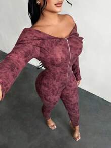 SHEIN SXY 露肩扎染拉链连体裤、返校季、秋季女装、Y2K、外出、秋季服装、乡村音乐会服装、性感女式俱乐部服装、街头服饰、狂欢服装、俱乐部服装、女式约会夜服装、长袖连体裤、紧身连体裤、露肩连体裤、女式连体裤 - 棕色 - 查看 3