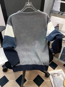 男童休闲撞色条纹针织圆领套头毛衣，秋冬季上衣 - 霧霾藍 - 查看 2