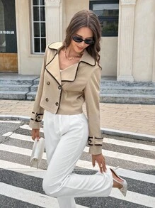 SHEIN Frenchy 女士四季皆宜秋季休闲杏色纯色双排扣撞色饰边蕾丝边短款长袖风衣，商务休闲女士办公室外出教师冬季款 - 卡其色 - 查看 3