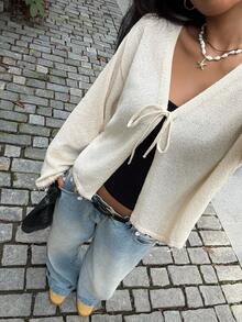 Siren Gaze Women's Solid Color Long Sleeve Casual Tie Front Knit Cardigan In Fall/Winter - Apricot - View 6