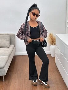 SHEIN Tween Girls Leopard Print Patchwork Knit Flare Pants, Black, Casual Everyday Versatile Bell Bottom Pants Leopard Print Pants Flare Pants Girls Flared Leggings Black Pants For Teen Girls Fall Winter