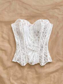 Soleia European And American Young Vacation Sexy Avant-Garde Off-The-Shoulder Lace Double-Layer Fitted Corset Bustier Top, INS White Hollow Embroidered Shapewear, Ate Night Outfits Women Tops For Going Out, Wedding Guest Dress Women Fall Women Clothes,Sexy Top - White - View 5