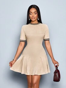 SOLERSUN Women's Elegant Thousand Gold Knitted Round Neck With Color Ribbed Short Sleeve A-Line Dress With Ruffled Hem, Elegant Holiday, Afternoon Tea, Simple Outing Girly Au - Apricot - View 3