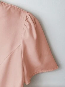 Franclia Women's Elegant Beaded Design Round Neck Waist Fitted Short Sleeve Blouse, Summer Clothes For University - Pink - View 5