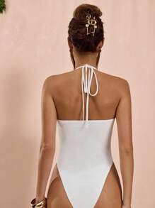 SHEIN BAE Bộ đồ liền thân bó sát màu trắng trơn gợi cảm cổ chữ V sâu, dây mảnh, ren chắp vá, áo trắng, mùa xuân/hè - trắng - Xem 2