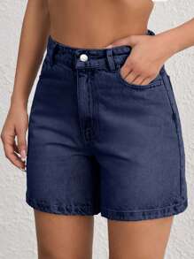 EURMUSE WOMEN VINTAGE WASH HIGH WAIST DENIM SHORT Y2K STYLE - Dark Wash - View 4