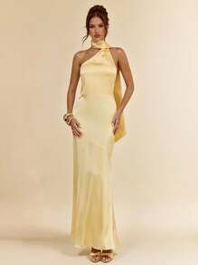 SHEIN BAE 女式黄色缎面不对称细肩带露背连衣裙，性感简约设计，适合派对、鸡尾酒会、正式活动、伴娘、生日、春夏季 - 黃色 - 查看 2