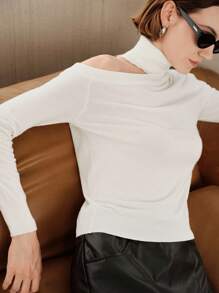 Uhlyne Uhlyne Pull en tricot blanc minimaliste, élégant et polyvalent pour femmes. Col montant asymétrique, ajusté. Idéal pour le bureau, l'école, l'automne. Tenue de travail modeste et neutre en tricot tout blanc pour le printemps, l'automne et l'hiver. - Blanc - Voir 4