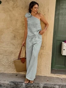 Selianne 2pcs/Set Women Solid Color Asymmetrical Collar Top And Wide Leg Pants, Vacation Style - Light Wash - View 6