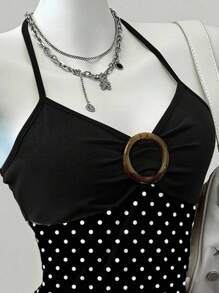SHEIN EZwear 女式休闲复古褶饰胸围装饰不对称下摆紧身吊带背心，适合夏季、Y2K、波尔卡圆点印花、复古、露背、细肩带、不对称下摆、露背上衣 - 彩色 - 查看 3