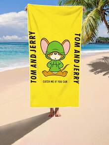 TOM & JERRY X SHEIN Letter & Cartoon Pattern Soft Beach Towel, And Safe, Accompany You To Spend A Refreshing Summer, Super - Fast Water - Absorbing Beach Towel - Yellow - View 1