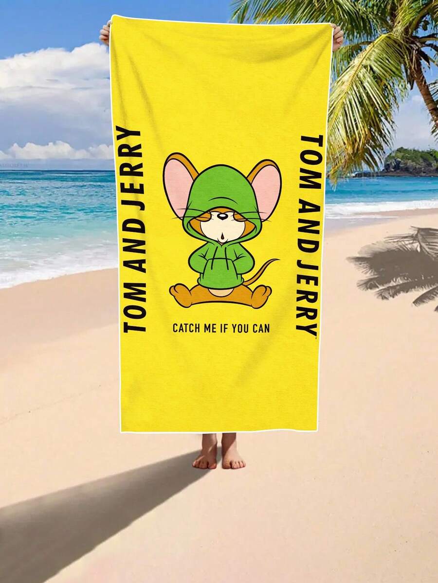 TOM & JERRY X SHEIN Letter & Cartoon Pattern Soft Beach Towel, And Safe, Accompany You To Spend A Refreshing Summer, Super - Fast Water - Absorbing Beach Towel - Yellow - View 1