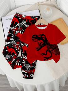 SHEIN Bộ 2 món/Bộ quần áo thể thao tay ngắn in họa tiết khủng long và động vật hoạt hình phong cách Y2K cho bé trai - Nhiều màu - Xem 2