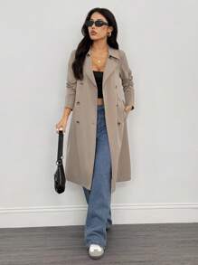 SHEIN PETITE Khaki Retro Long-Sleeved Waist Women's Trench Coat,Winter Women,Winter Women Coat,New Year Eve,Women Jackets, Women,Long Women Jackets,Winter Women Jacket,Elegant Jackets,Business Women Trench Coat Women Women Trench Coats Long Trench Coat Double Breasted Trench Coat Belted Trench Coat Women Trench Coat Long Coat Long Jacket Women Women Outerwear - Khaki - View 3