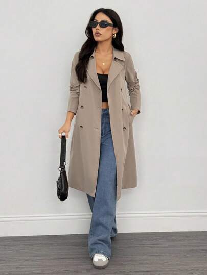 SHEIN PETITE Khaki Retro Long-Sleeved Waist Women's Trench Coat,Winter Women,Winter Women Coat,New Year Eve,Women Jackets, Women,Long Women Jackets,Winter Women Jacket,Elegant Jackets,Business Women Trench Coat Women Women Trench Coats Long Trench Coat Double Breasted Trench Coat Belted Trench Coat Women Trench Coat Long Coat Long Jacket Women Women Outerwear