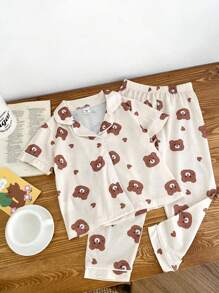儿童女童小熊印花polo领短袖上衣+长裤睡衣秋季休闲套装 - 杏色 - 查看 4