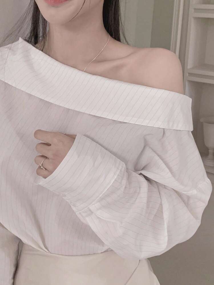Elegant Commuter Niche Design Oblique Shoulder Striped Shirt Autumn,Fall Women Clothes Long Sleeve Top