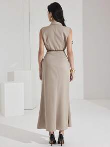 Heiryn Váy không tay màu trơn thanh lịch dành cho nữ, mùa hè - Màu Khaki - Xem 4