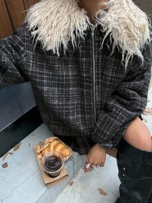 DAZY Karierter Patchwork Fellkragen, locker sitzende Jacke mit langen Ärmeln, Reißverschlusstaschen, Lässig Street Style, dick gefüttert, Damen Mantel für Herbst/Winter - Grau - Übersicht 7