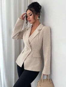 Siren Gaze 女士优雅双排扣西装外套，通勤必备，适合通勤、秋季、冬季、商务休闲、办公室、工作场合，商务职业女性适用，粗花呢西装外套，修身腰部设计，通勤百搭，简约风格，办公室必备，复古韵味，简约棕色 - 卡其色 - 查看 4