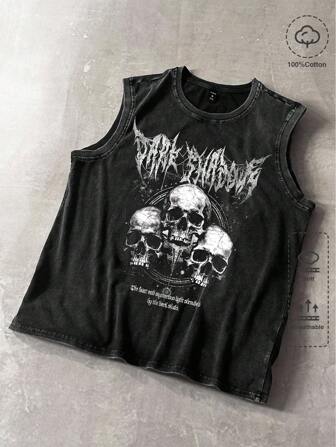 Street Life Men's Washed Loose Fit Crew Neck Skeleton Print Tank Top