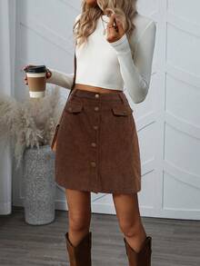 EMERY ROSE 女式复古休闲前扣假口袋A字裙 - 棕色 - 查看 3