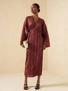 Vesra Solid Color Pleated Deep V-Neck Long Sleeve Elegant Dress For Women