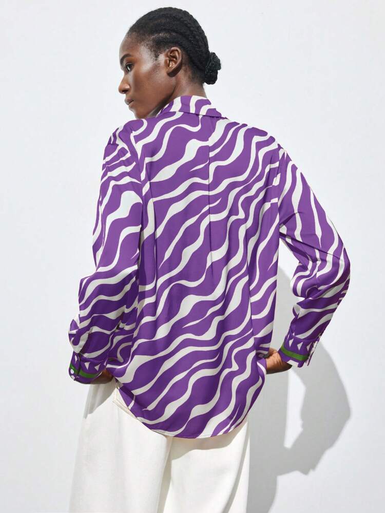 SHEIN Maija Women's Multicolor Animal Print Zebra Pattern Fashionable Vacation Button-Up Shirt, Versatile All-Season Business Casual Blouse St Patrick's Day Women Easter Summer Easter Women Party Top Beach Summer Holiday Beach Vacation Summer Going Out Graduation Casual Blouses For Women