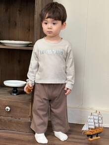 DAZY 2pcs Toddler Boys' Graphic Letter Print Long Sleeve T-Shirt And Casual Shorts Pajama Set - Apricot - View 7