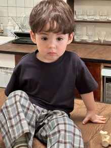 Hapijoa 2pcs Toddler Boys' Casual Solid Color Round Neck T-Shirt And Plaid Loose Fit Pants Pajama Set - Navy Blue - View 8