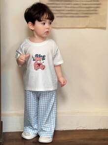 Hapijoa 2 件套幼儿男童卡通印花休闲圆领 T 恤和格子裤家居服套装 - 白色 - 查看 3