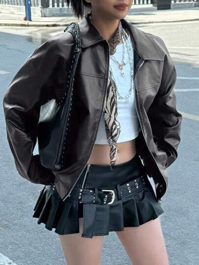 INAWLY Chaqueta de manga larga de corte holgado, estilo motero para otoño/invierno