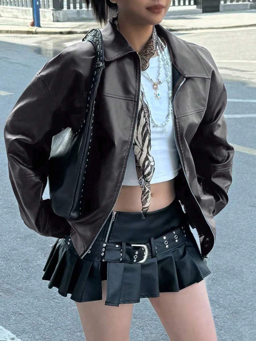 INAWLY 女士宽松长袖皮夹克，秋冬季骑行风格