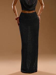 SHEIN BAE Fashionable & Elegant Sequin Decorated Extra Long Knit Skirt - Black - View 6
