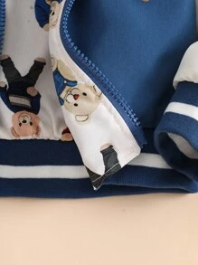 SHEIN Toddler Boys' Contrast Stripe Ribbed Collar Cute Bear Print Reversible Zip-Up Jacket Baby Bomber Jacket Baby Bear Print Jacket Baby Boy Bomber Jacket Toddler Bomber Jacket Fall Winter