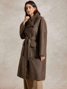 Briarwyn 女士时尚纯色瀑布领翻盖口袋系带大衣 - 咖啡棕 - 查看 2