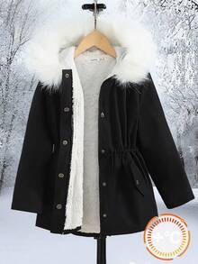 SHEIN Tween Girl Casual Black Fleece Hooded Jacket, Suitable For Ice Skating, Outdoor, Winter Fall - Black - View 2