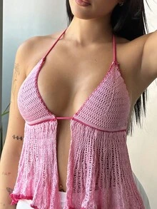 Lucia Bellido 女士粉色夏季针织露背度假娃娃装沙滩上衣，春夏 - 淺粉色 - 查看 3