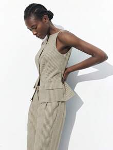 SHEIN Maija 2025 Autumn/Winter Striped Off-Shoulder Neck Front Button Up Blouse, Elegant Modern Casual For Commute, Party, Beach, Office Wear - Khaki - View 6