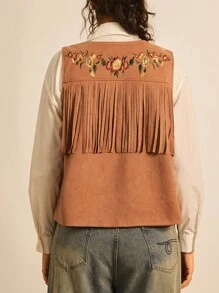 SHEIN LUNE Áo khoác vest tua rua thiết kế thêu hoa cỡ lớn cho nữ, áo vest kiểu Tây, áo vest tua rua cho nữ, quần áo kiểu Tây, quần áo mùa thu, trang phục công sở thường ngày cho nữ, áo khoác dạ hội tua rua, áo khoác da lộn tua rua cho nữ, trang phục Halloween cho nữ, áo khoác dài không tay màu lạc đà phong cách Boho, áo kiểu Tây, quần áo mùa thu cho nữ - màu nâu - Xem 6