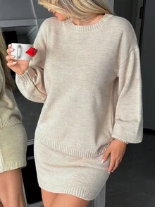 EURMUSE Lässiger Rundhals Ballonärmel Schulterabfall Oversize lockerer Schnitt Crop einfarbig schlichtes Muster Pullover & Mini gestrickter schlichter Muster Rock 2-teiliges Strickset für tägliche schicke Damen Winteroutfits - Beige - Übersicht 6