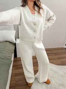 EURMUSE Woman V Neck Long Sleeves With Faux Pearl Buttons Cardigan And Pants Two Pieces Knitwear Set - Apricot - View 5