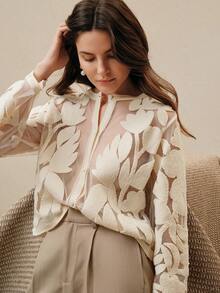 Anewsta Women's Fashion Transparent Button Front Embroidered Knit Sweater - White - View 5