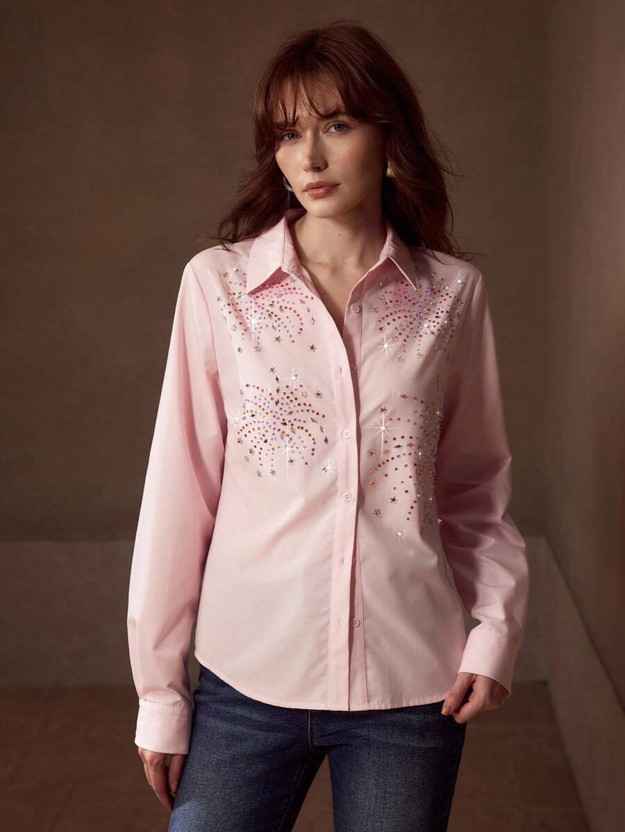 MOTF PREMIUM RHINESTONE BUTTON UP SHIRT - Pink - View 2