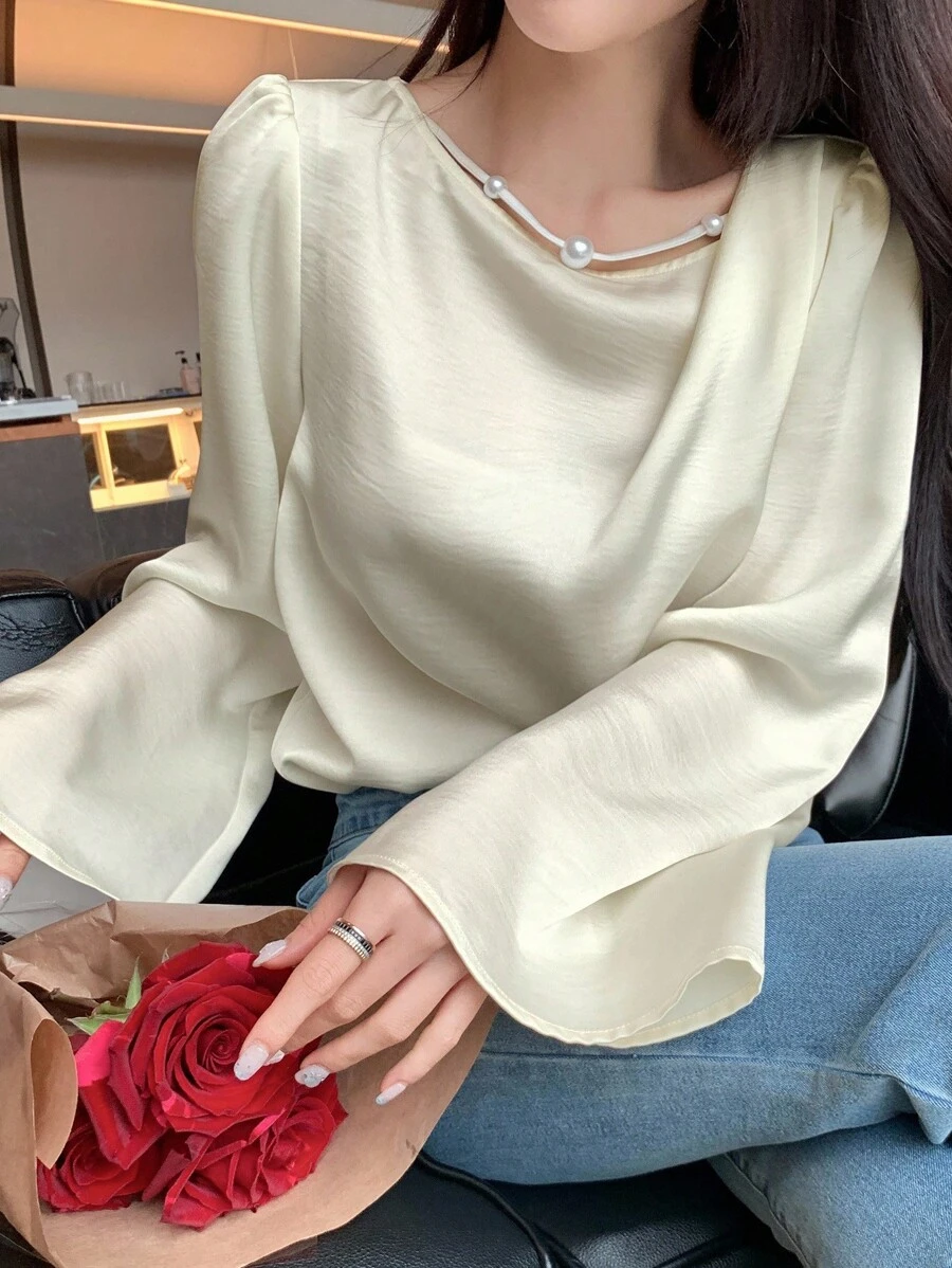 DAZY 女式宽松纯色斜领串珠优雅休闲衬衫，秋季长袖上衣