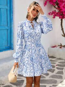 Vivid Eden Women's Vacation Blue And White Floral Print Tie Neck Elegant Long Sleeve Short Dress, Blue And White Floral Dress, Women Vacation Dress,Fall Women Clothes - Multicolor - View 5