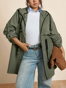 SHEIN LUNE 加大码军绿色斗篷/披风外套，休闲百搭女士冬季服装商务休闲女式风衣女士秋季服装冬装女士办公室服装橄榄绿时尚冬季秋季 - 軍綠色 - 查看 7