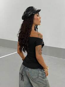 EgrlEra Off Shoulder Pearl Knit Short Sleeve T-Shirt, American Chic Style, Fitted Waist, Unique Design, Versatile Summer Tee For Women - Black - View 4